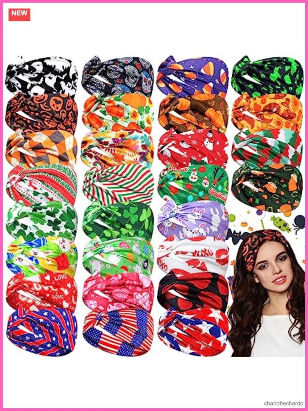 28-Piece Halloween Holiday Headbands Set, Polyester Twisted Head Wraps, One